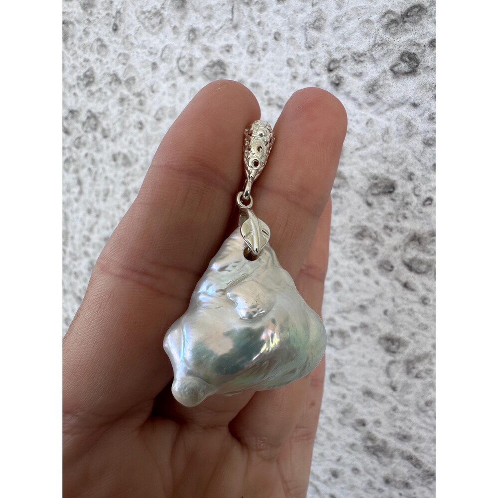 White Huge Baroque Pearl Pendant Statement Sterling Silver Necklace - Picture 9 of 15